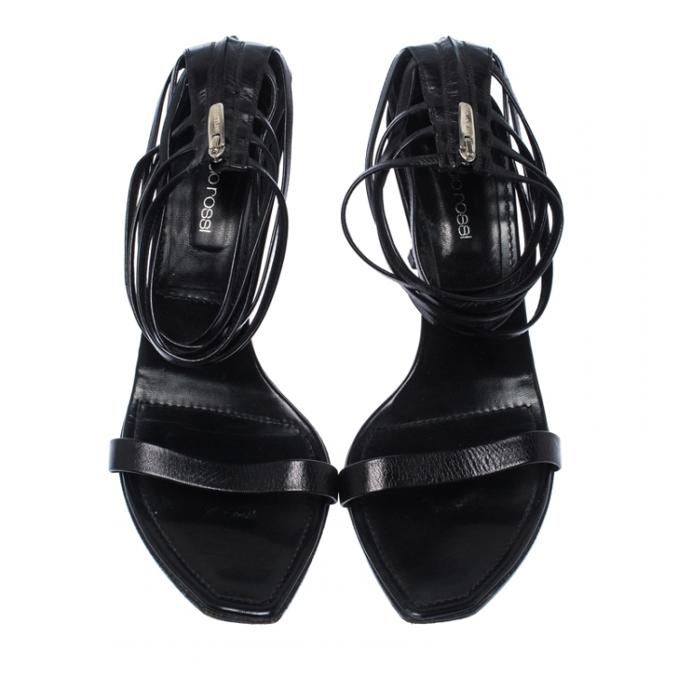 Pre Owned Sergio Rossi Black Leather Square Toe Strappy Sandals Size 41