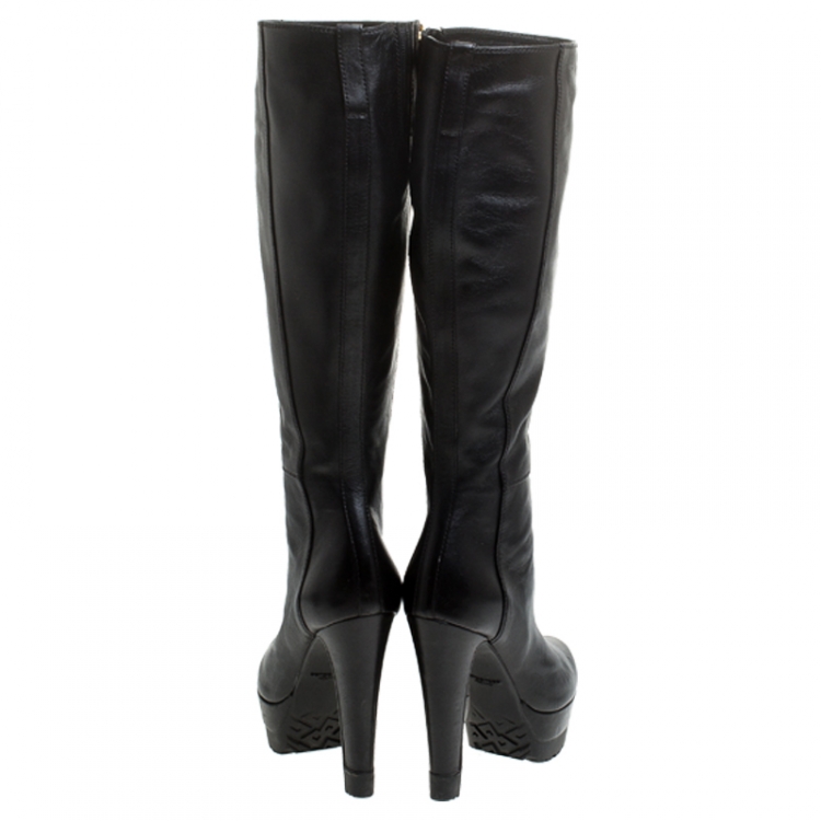 Pre Owned Sergio Rossi Black Leather Zip Platform Knee Length Boots Size 36