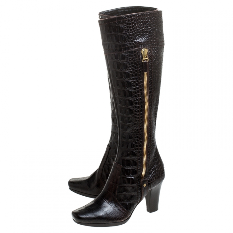 Pre Owned Sergio Rossi Dark Brown Crocodile Double Zip Knee High Boots Size 36.5