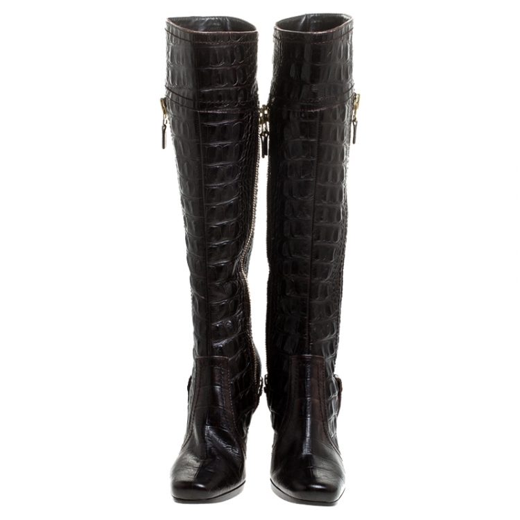 Pre Owned Sergio Rossi Dark Brown Crocodile Double Zip Knee High Boots Size 36.5