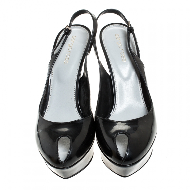 Pre Owned Sergio Rossi Black Patent Leather Cachet Peep Toe Platform Slingback Sandals Size 38