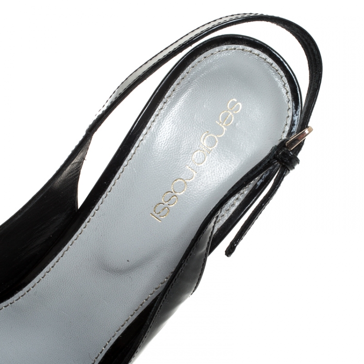 Pre Owned Sergio Rossi Black Patent Leather Cachet Peep Toe Platform Slingback Sandals Size 38