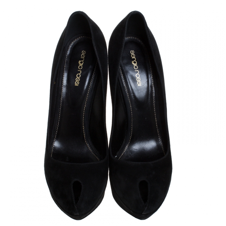 Pre Owned Sergio Rossi Black Suede Peep Toe Platform Pumps Size 41