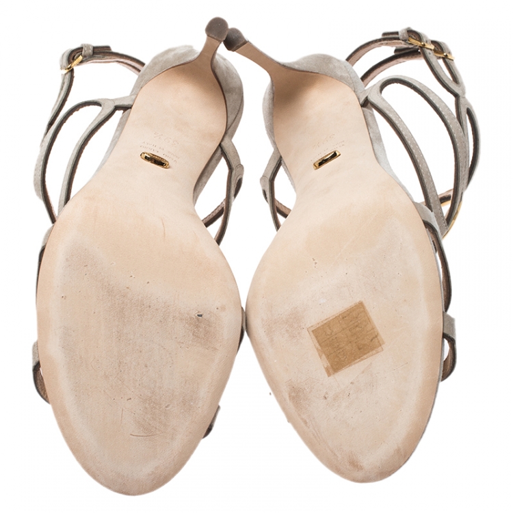 مملوكة مسبقًا Sergio Rossi Grey Suede Circular Metal And Cut Out Detail Farrah Open Toe Sandals Size 39.5