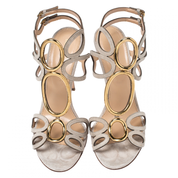 مملوكة مسبقًا Sergio Rossi Grey Suede Circular Metal And Cut Out Detail Farrah Open Toe Sandals Size 39.5