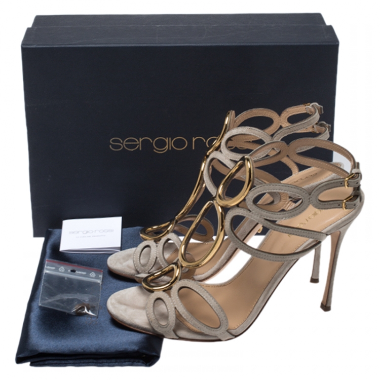 مملوكة مسبقًا Sergio Rossi Grey Suede Circular Metal And Cut Out Detail Farrah Open Toe Sandals Size 39.5