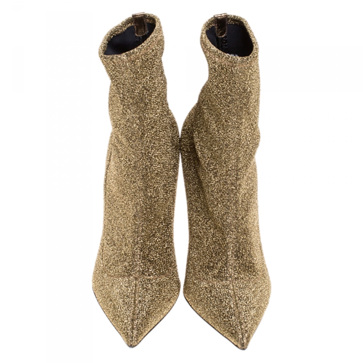 Pre Owned Sergio Rossi Metallic Knit Fabric Pointed Toe Ankle Boots Size 38.5