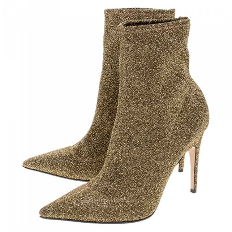 Pre Owned Sergio Rossi Metallic Knit Fabric Pointed Toe Ankle Boots Size 38.5