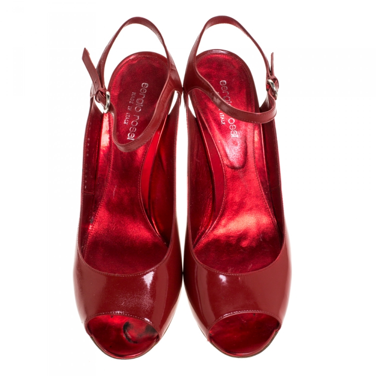Pre Owned Sergio Rossi Red Leather Peep Toe Slingback Sandals Size 40