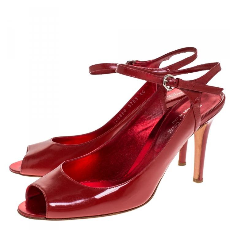 Pre Owned Sergio Rossi Red Leather Peep Toe Slingback Sandals Size 40