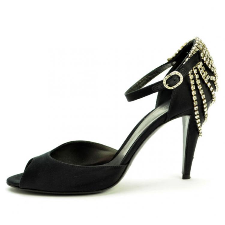 Pre Owned Sergio Rossi Black Satin Diamante Studded Ankle Strap Sandals Size 41