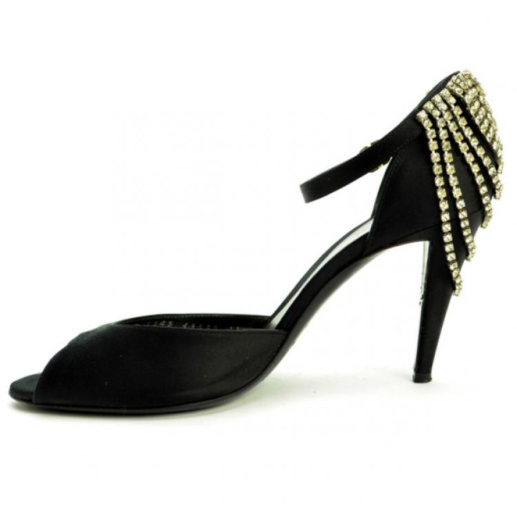 Pre Owned Sergio Rossi Black Satin Diamante Studded Ankle Strap Sandals Size 41