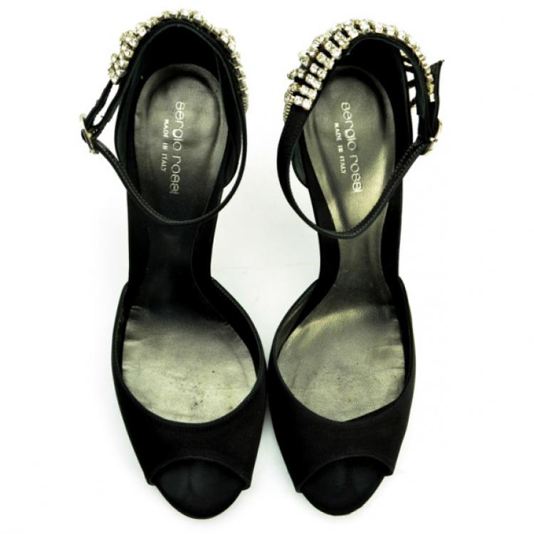 Pre Owned Sergio Rossi Black Satin Diamante Studded Ankle Strap Sandals Size 41