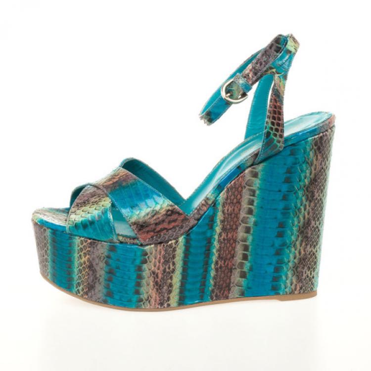 Pre Owned Sergio Rossi Blue Snakeskin Wedges Sandals Size 38