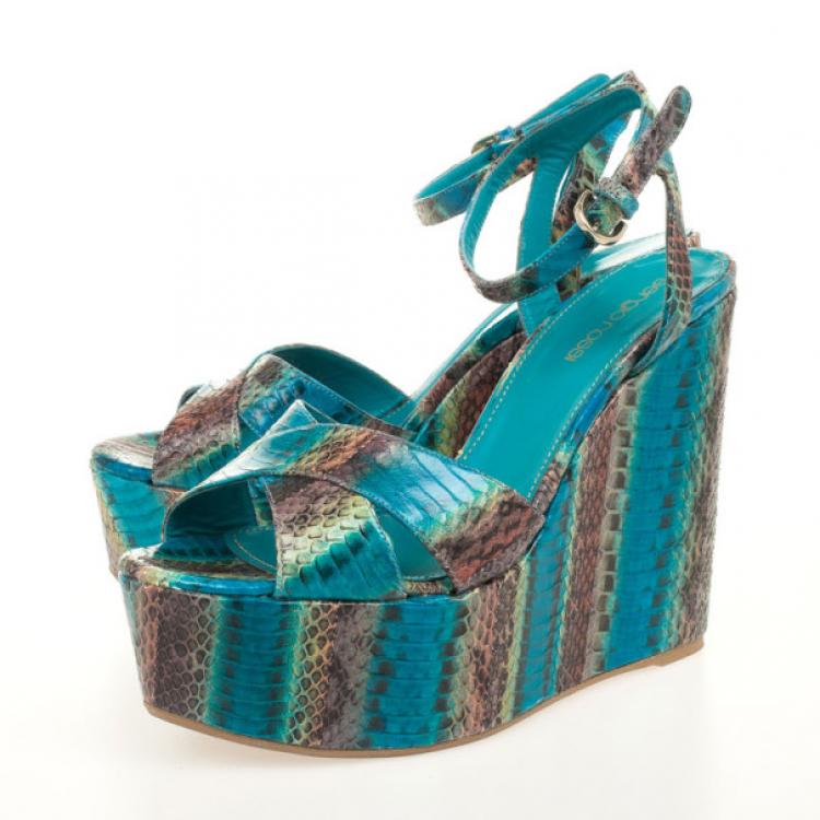 Pre Owned Sergio Rossi Blue Snakeskin Wedges Sandals Size 38