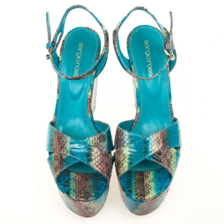 Pre Owned Sergio Rossi Blue Snakeskin Wedges Sandals Size 38