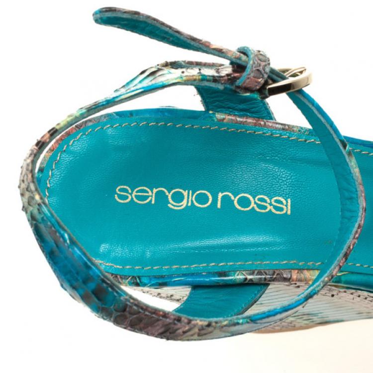 Pre Owned Sergio Rossi Blue Snakeskin Wedges Sandals Size 38