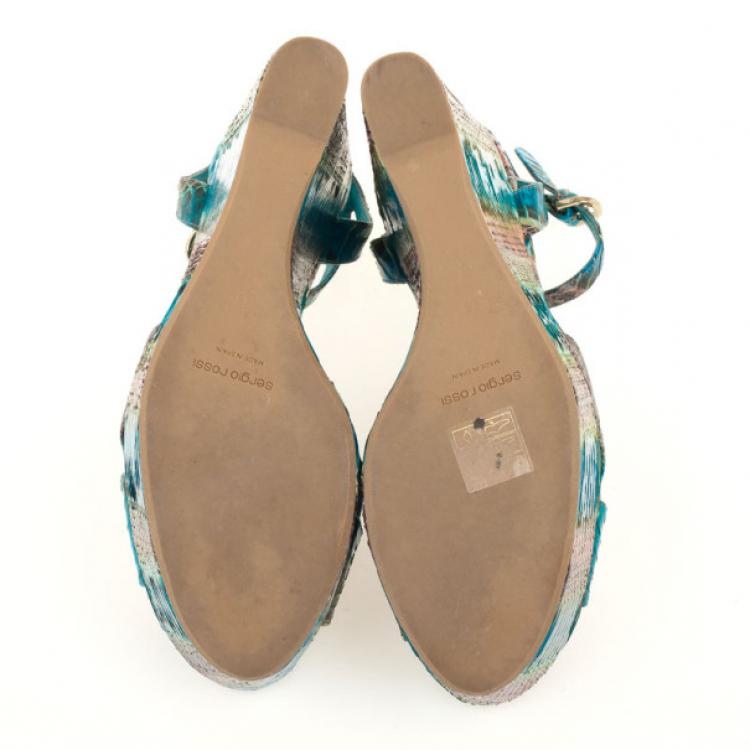 Pre Owned Sergio Rossi Blue Snakeskin Wedges Sandals Size 38