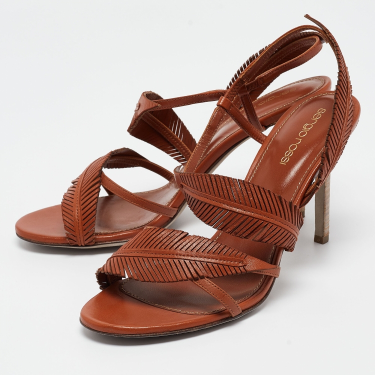 Pre Owned Sergio Rossi Brown Leather Leaf Detail Slingback Sandals Size 37