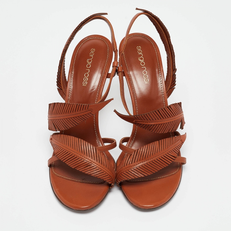 Pre Owned Sergio Rossi Brown Leather Leaf Detail Slingback Sandals Size 37