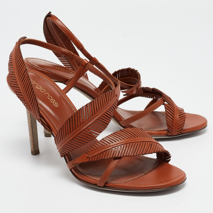 Pre Owned Sergio Rossi Brown Leather Leaf Detail Slingback Sandals Size 37