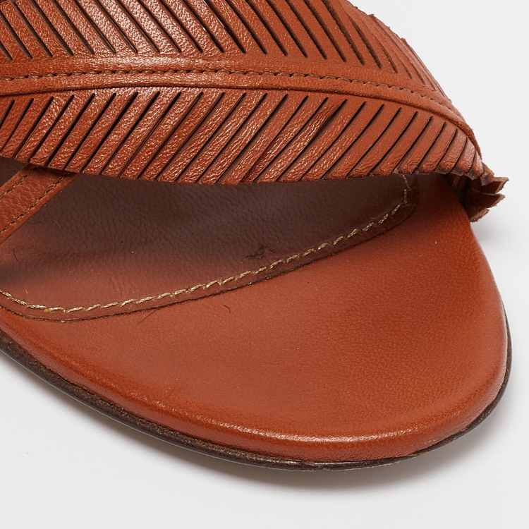 Pre Owned Sergio Rossi Brown Leather Leaf Detail Slingback Sandals Size 37