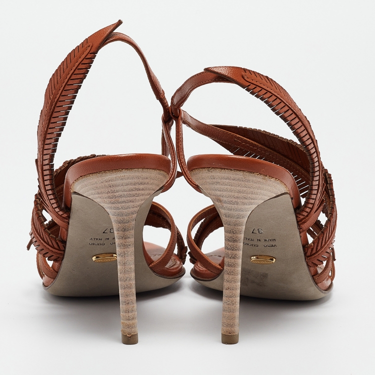 Pre Owned Sergio Rossi Brown Leather Leaf Detail Slingback Sandals Size 37