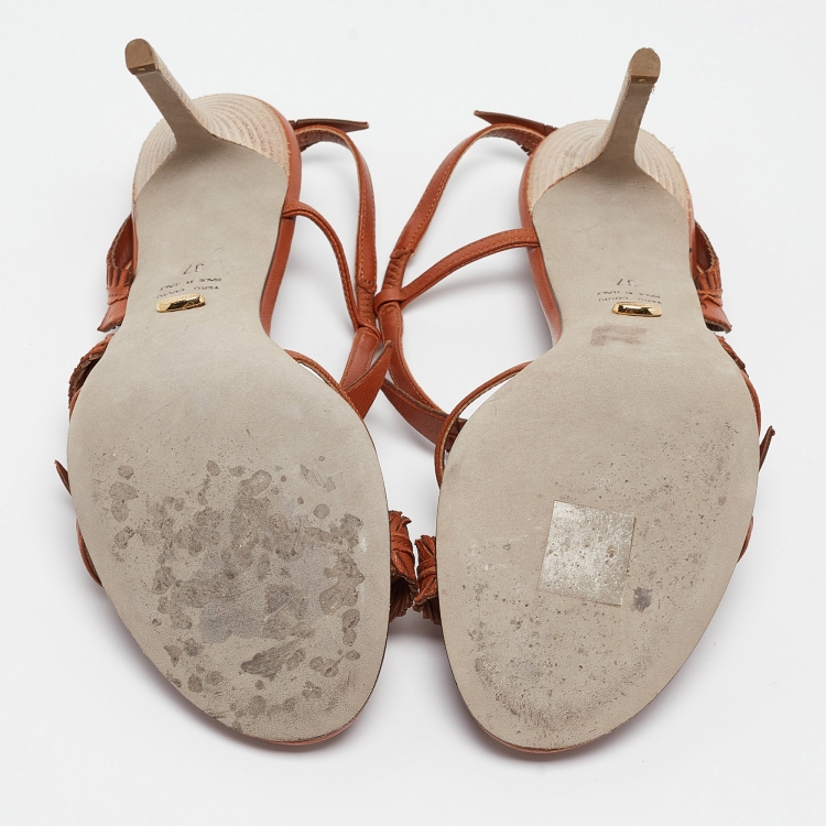 Pre Owned Sergio Rossi Brown Leather Leaf Detail Slingback Sandals Size 37