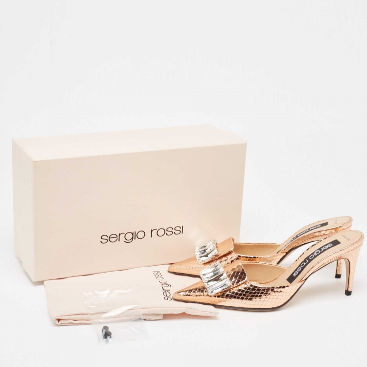 Pre Owned Sergio Rossi Metallic Python Embossed SR1 Pointed Toe Mules Size 37