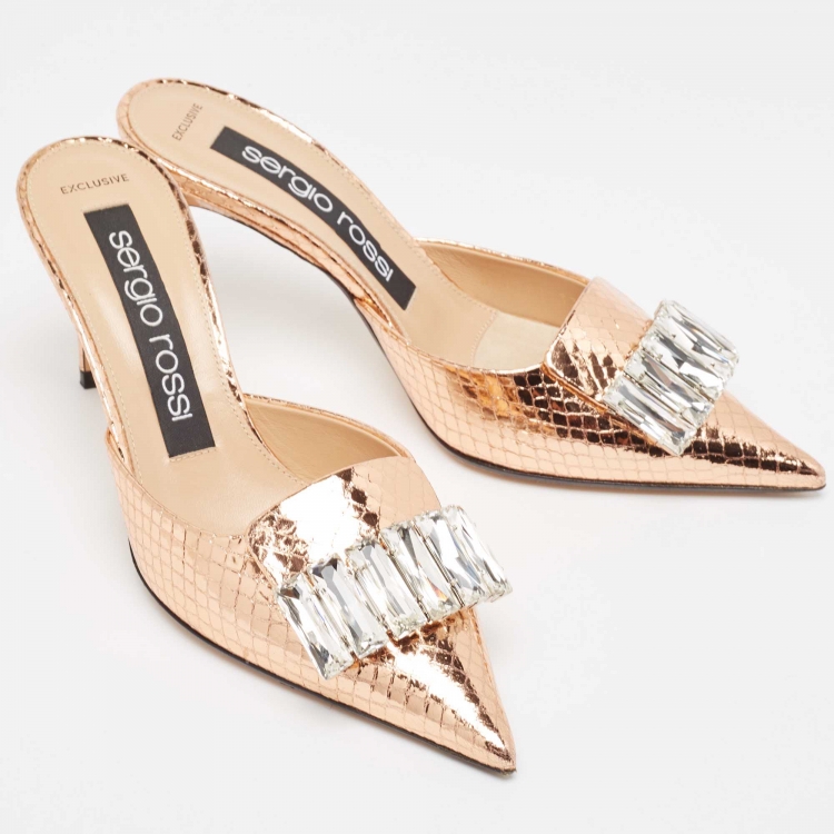 Pre Owned Sergio Rossi Metallic Python Embossed SR1 Pointed Toe Mules Size 37