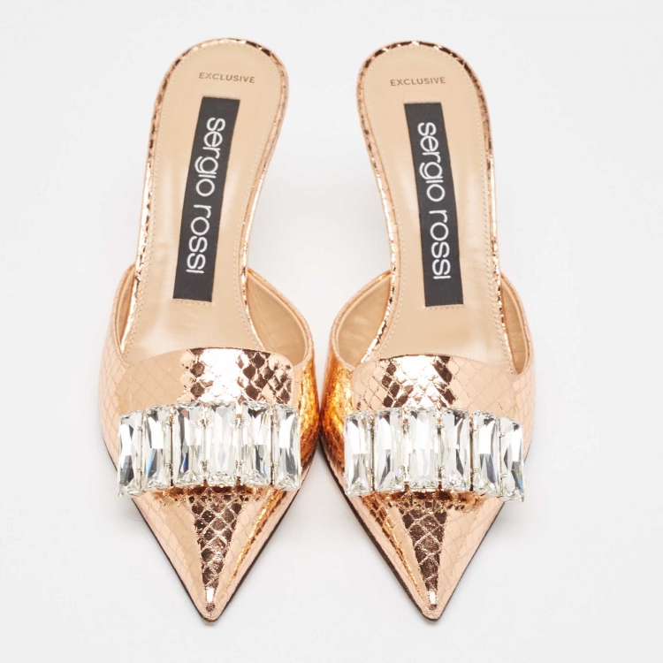 Pre Owned Sergio Rossi Metallic Python Embossed SR1 Pointed Toe Mules Size 37