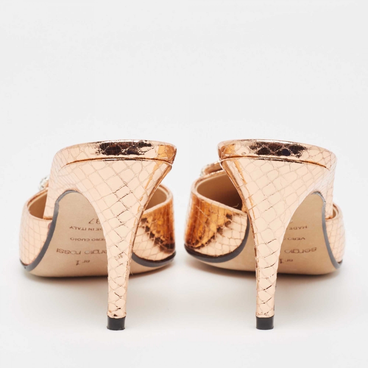 Pre Owned Sergio Rossi Metallic Python Embossed SR1 Pointed Toe Mules Size 37