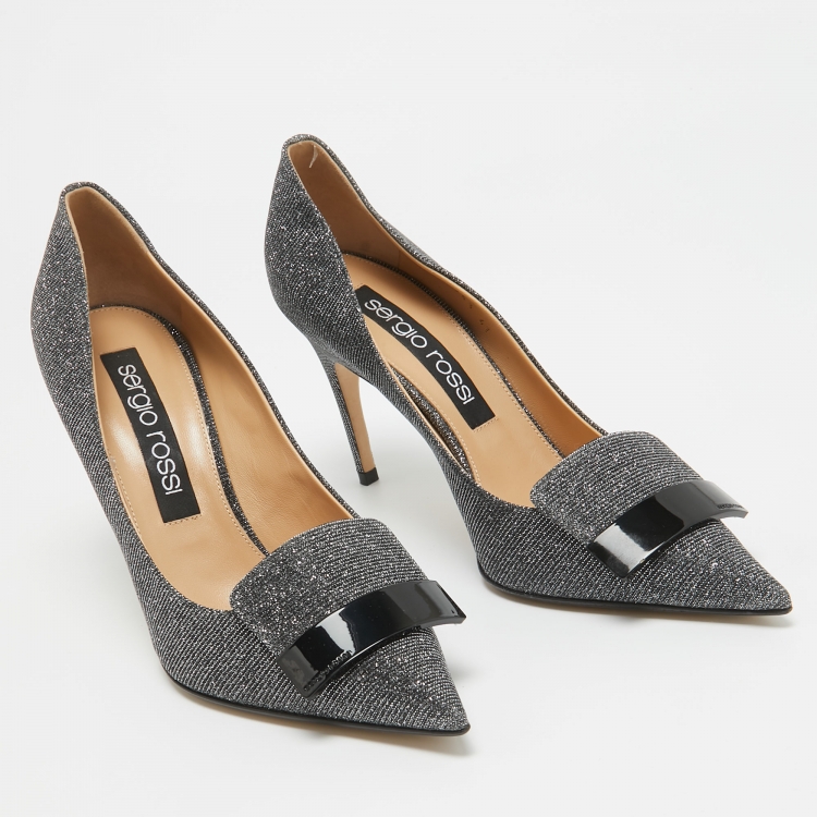 Pre Owned Sergio Rossi Silver Glitter and Crystal Embellished Pointed Toe Pumps Size 41