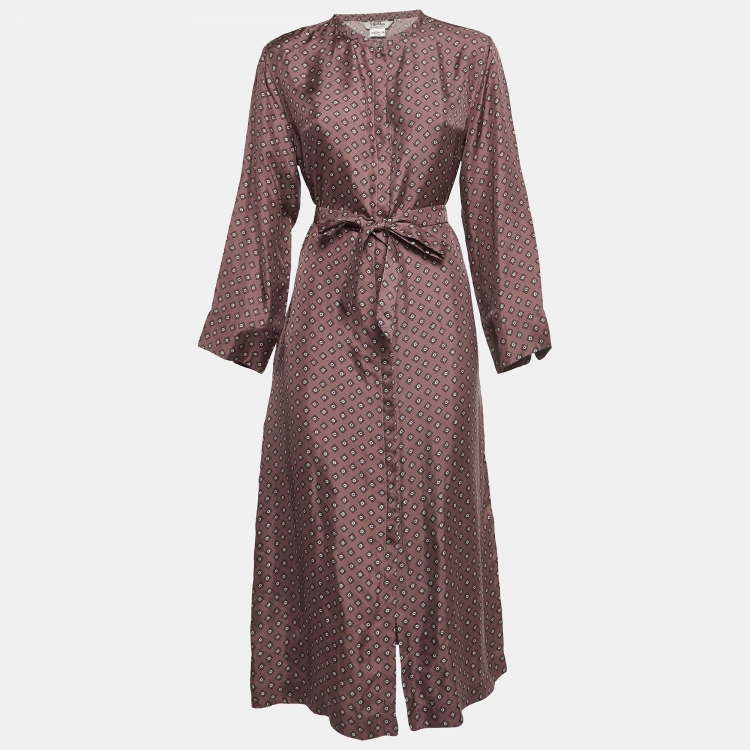 Pre Owned S'Max Mara Pink Geometric Printed Silk Belted Midi Shirt Dress L