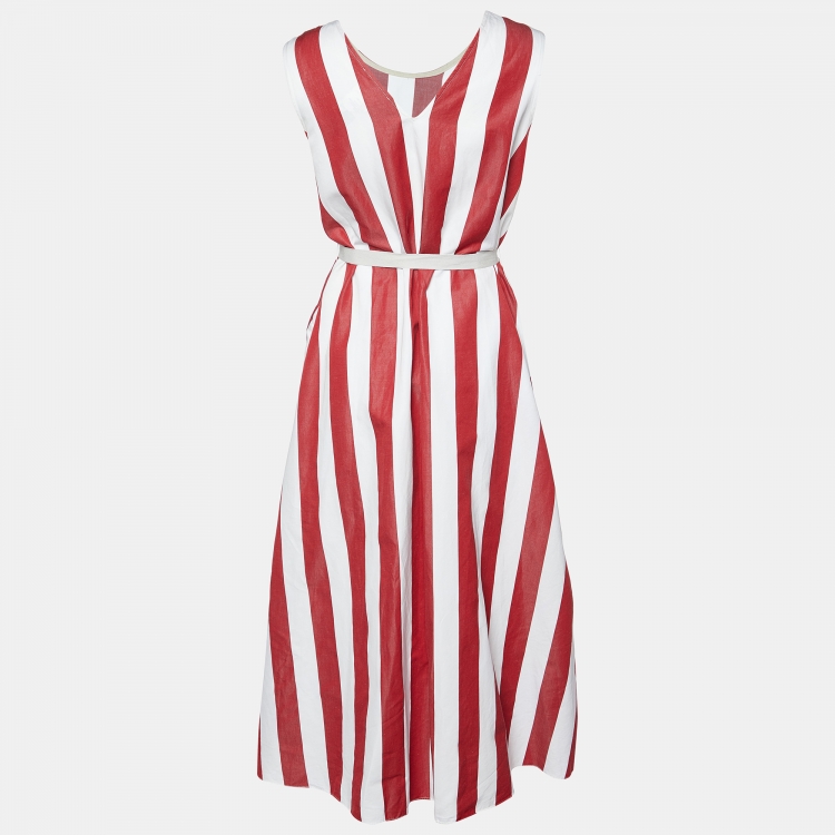 مملوكة مسبقًا S'Max Mara Red Striped Cotton & Ramie Belted Dress M
