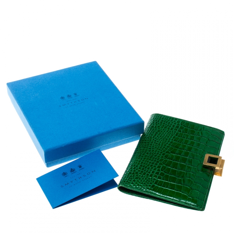 Pre Owned Smythson Green Croc Embossed Leather Mara Passport Cover