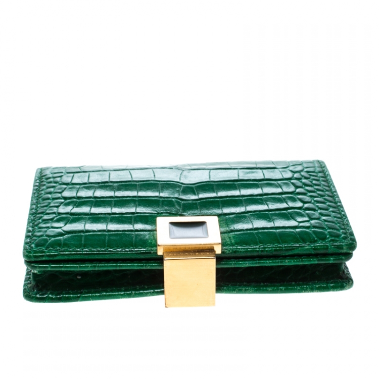 Pre Owned Smythson Green Croc Embossed Leather Card Holder