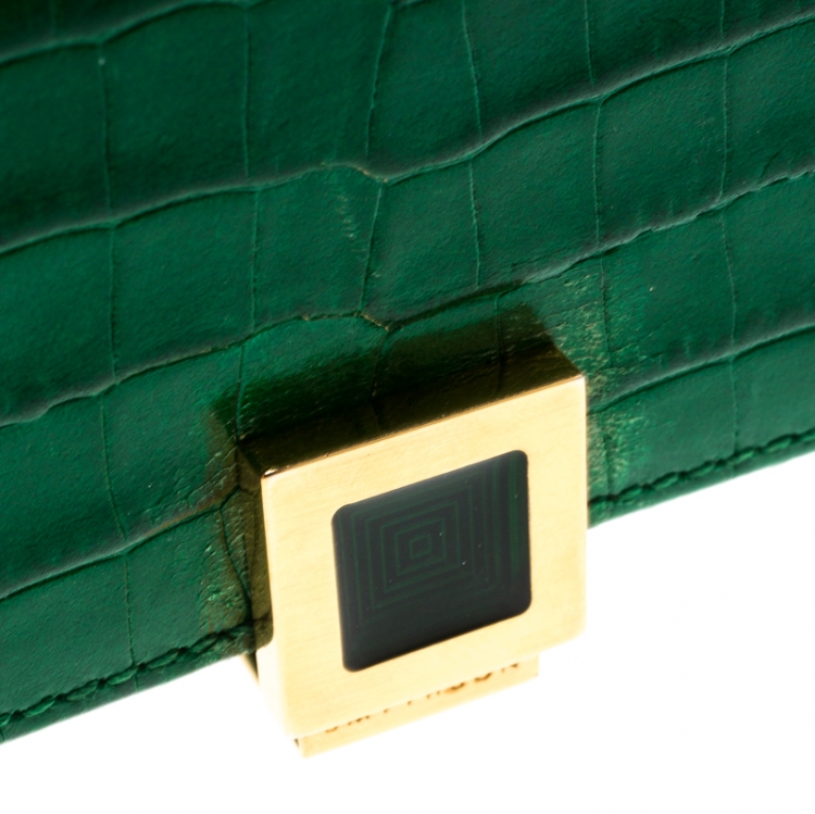 Pre Owned Smythson Green Croc Embossed Leather Card Holder