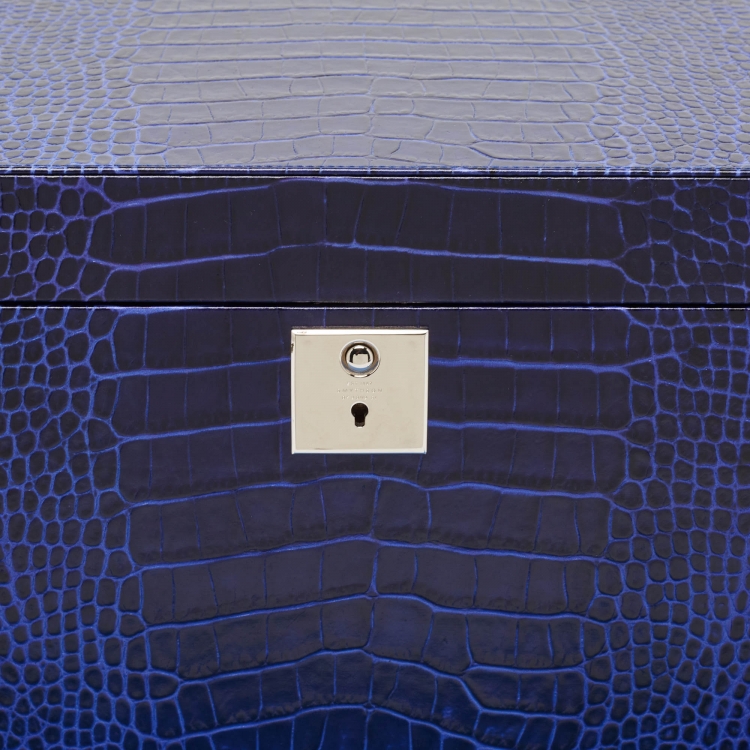 Pre Owned Smythson Blue Croc Embossed Leather Deluxe Jewelry Box in Mara