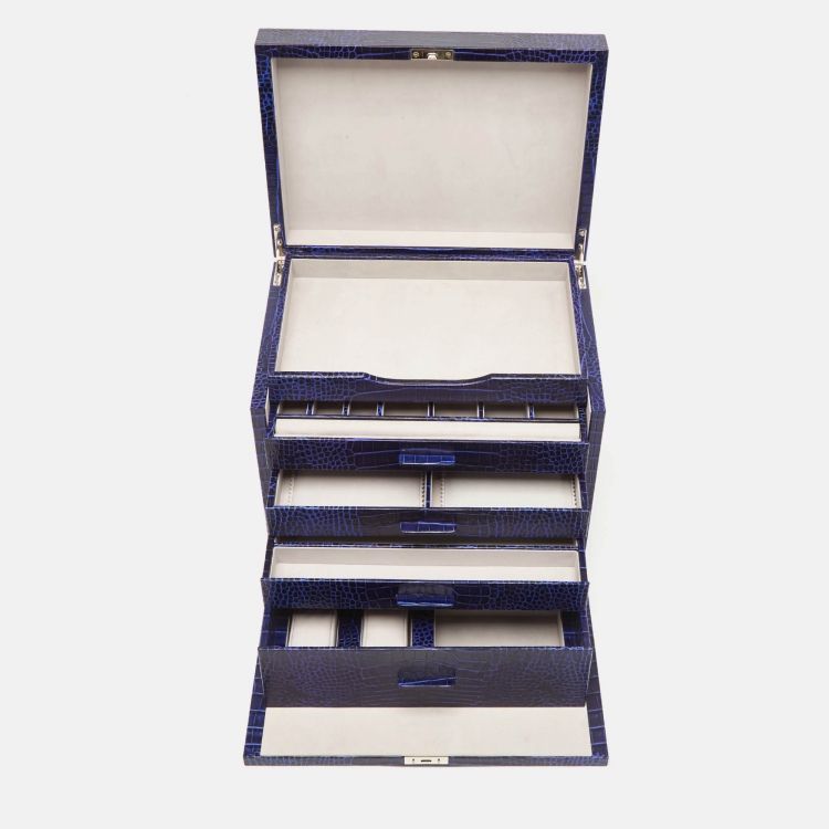 Pre Owned Smythson Blue Croc Embossed Leather Deluxe Jewelry Box in Mara