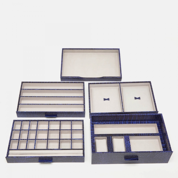 Pre Owned Smythson Blue Croc Embossed Leather Deluxe Jewelry Box in Mara