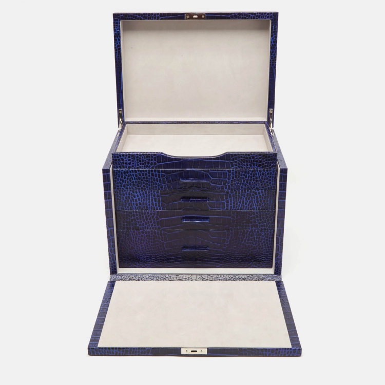 Pre Owned Smythson Blue Croc Embossed Leather Deluxe Jewelry Box in Mara