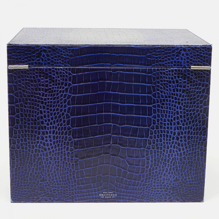 Pre Owned Smythson Blue Croc Embossed Leather Deluxe Jewelry Box in Mara