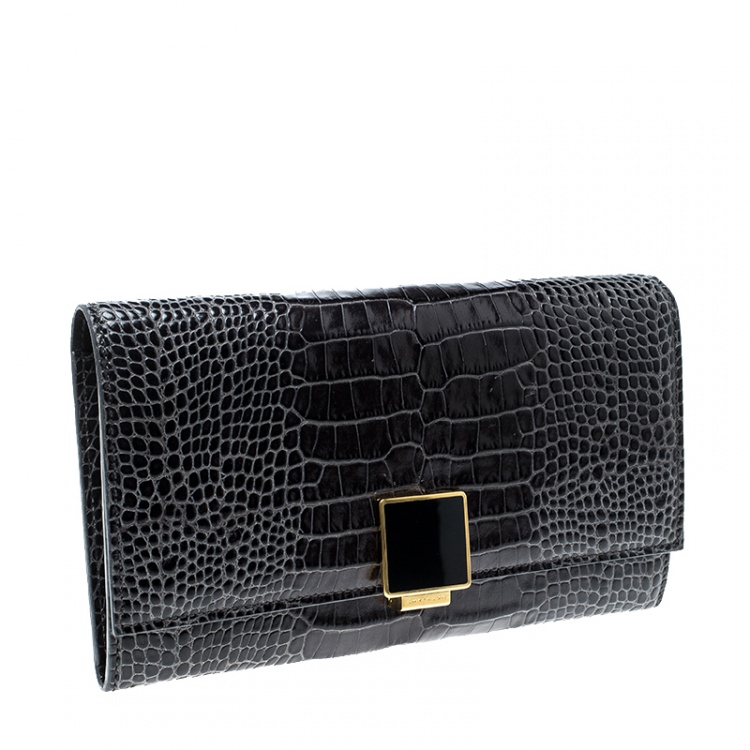 Pre Owned Smythson Dark Grey Croc Embossed Leather Continental Wallet