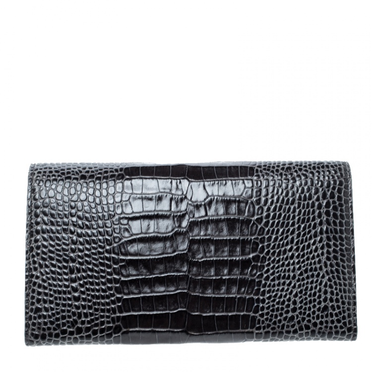 Pre Owned Smythson Dark Grey Croc Embossed Leather Continental Wallet