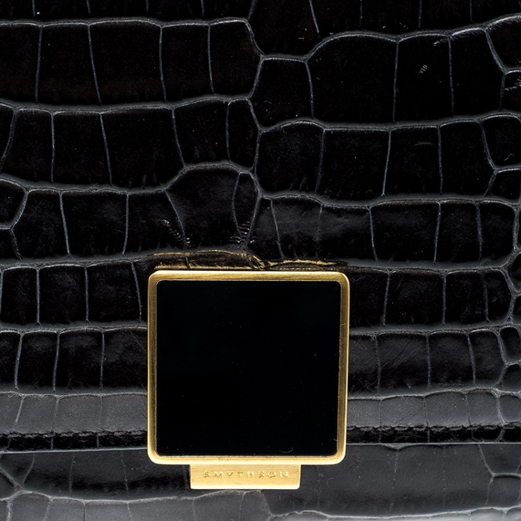 Pre Owned Smythson Dark Grey Croc Embossed Leather Continental Wallet
