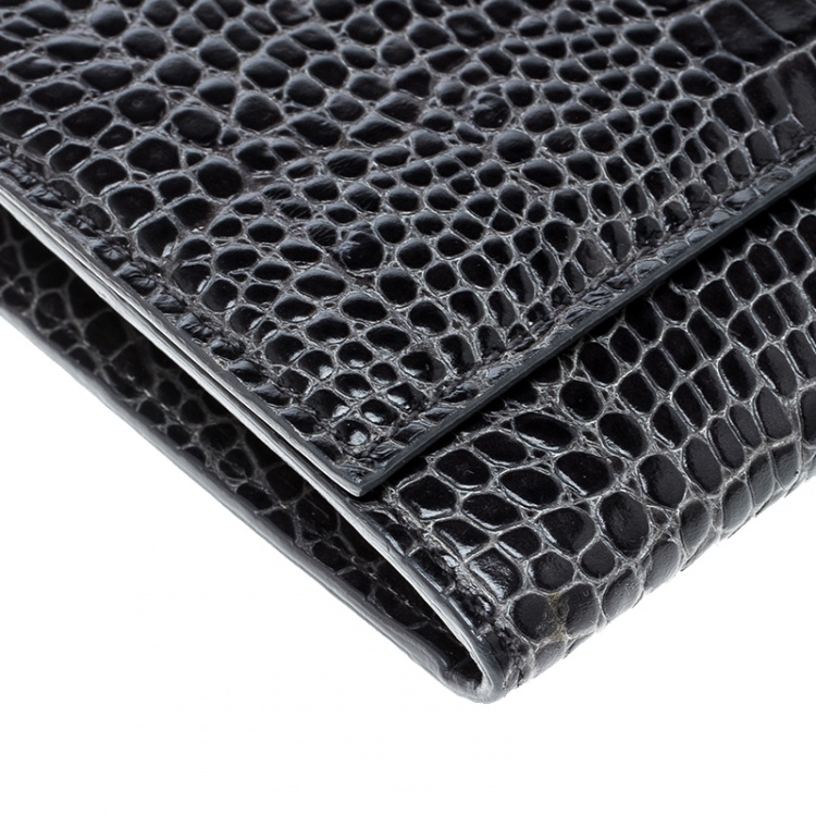 Pre Owned Smythson Dark Grey Croc Embossed Leather Continental Wallet