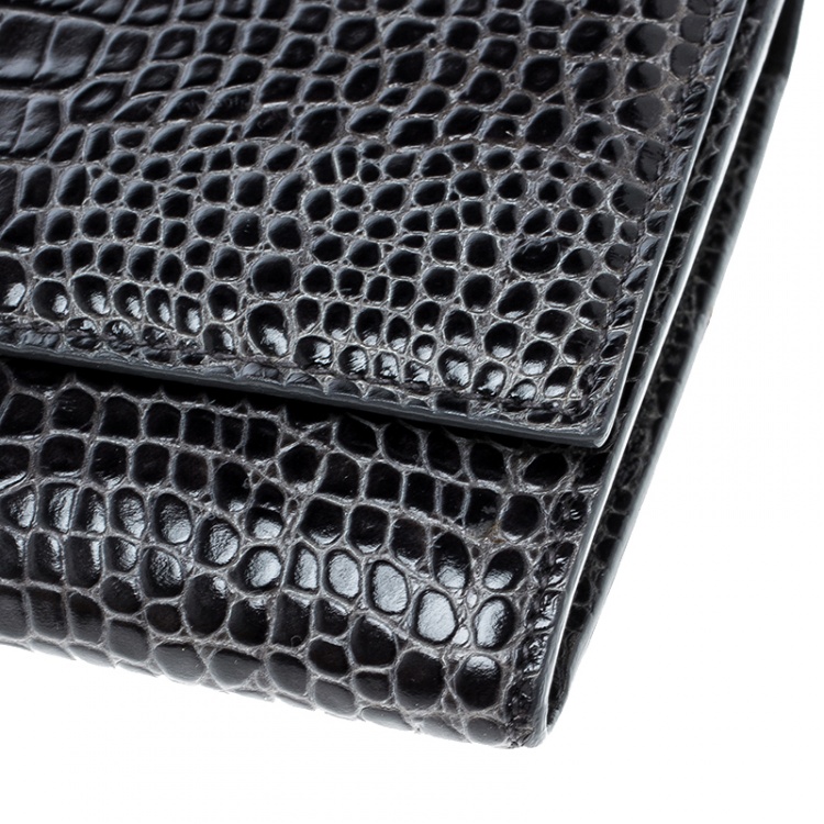 Pre Owned Smythson Dark Grey Croc Embossed Leather Continental Wallet