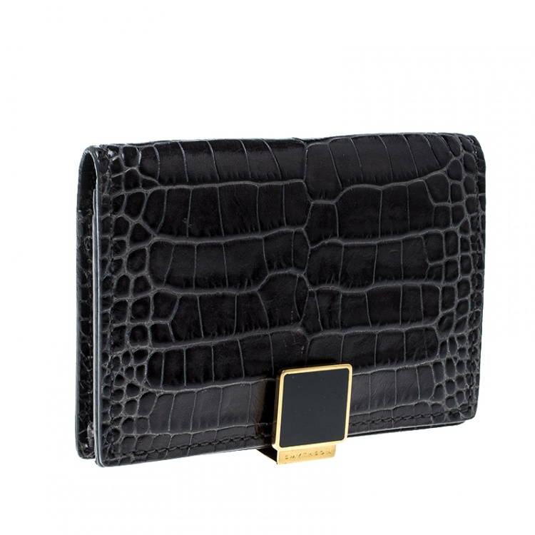 Pre Owned Smythson Dark Grey Croc Embossed Leather Card Holder