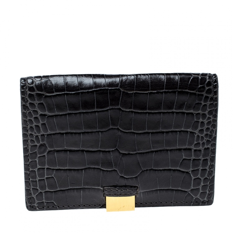 Pre Owned Smythson Dark Grey Croc Embossed Leather Card Holder